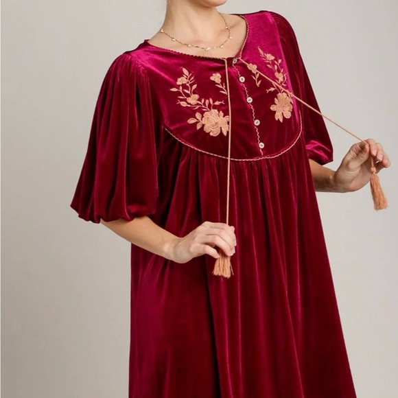 Umgee Red Velvet Embroidered Mini Dress NWT M Tassel Tie Ballon Sleeve Feminine - Picture 3 of 14